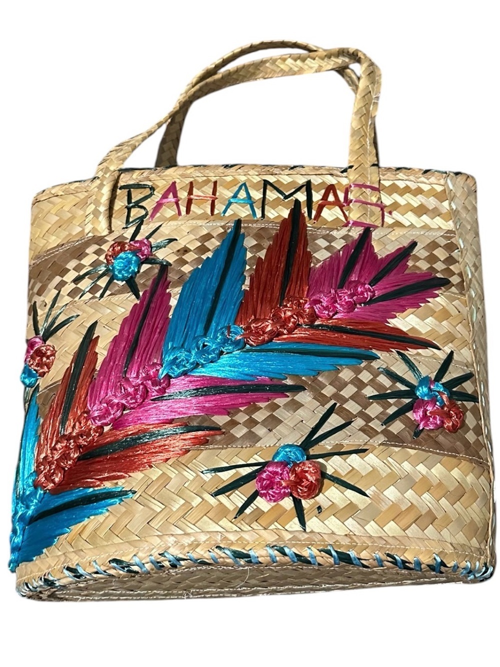 Bahamas Handwoven Straw Tote with Colorful Embroidery